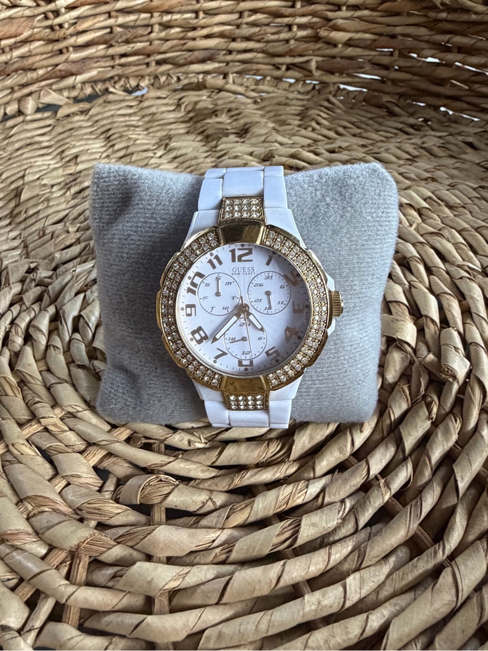 GUESS White and Gold Crystal-Trim Women's Watch